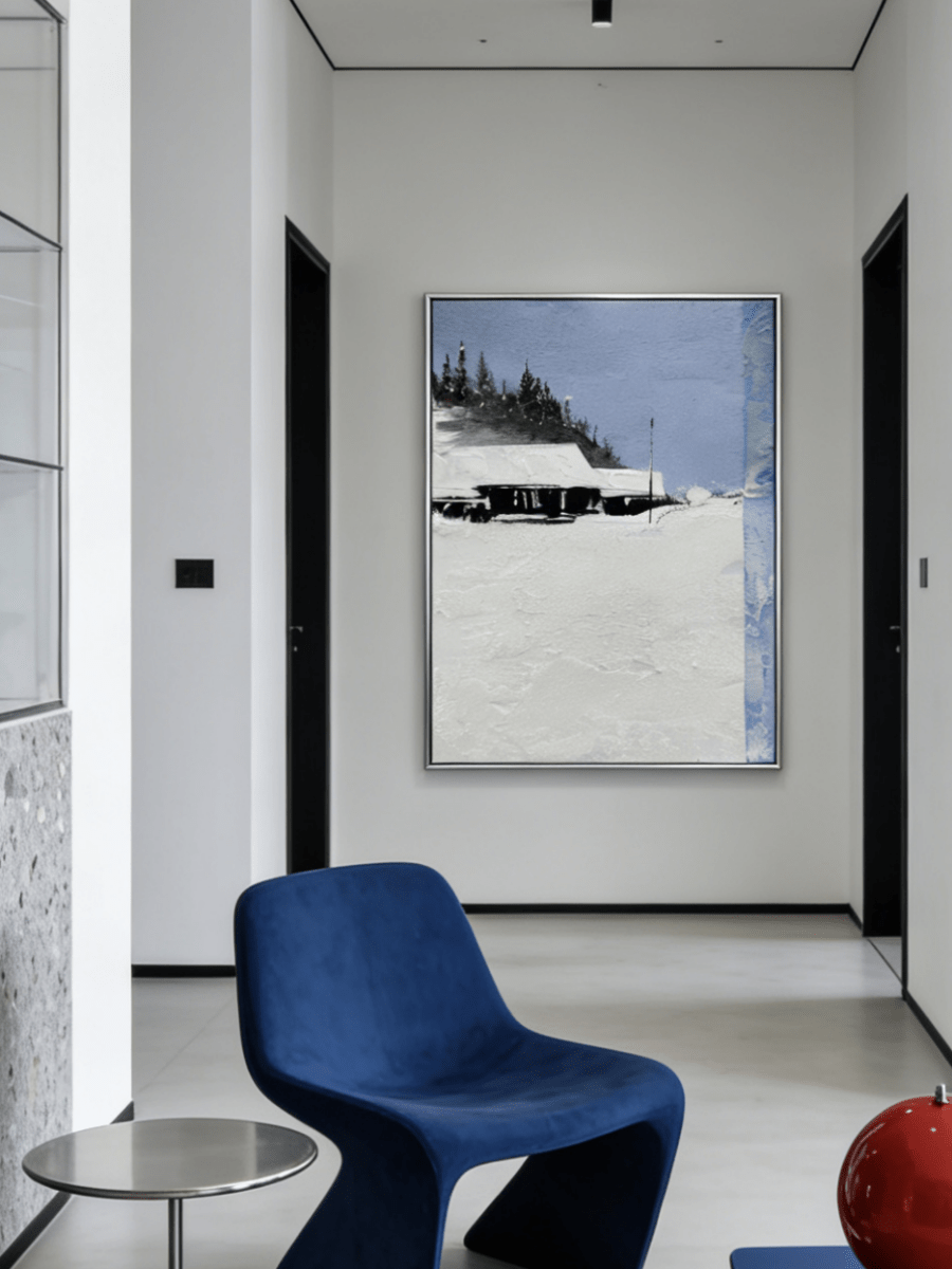 winter cabin oil painting– textured impasto snowscape with minimalist cabin, serene landscape art for calming interiors