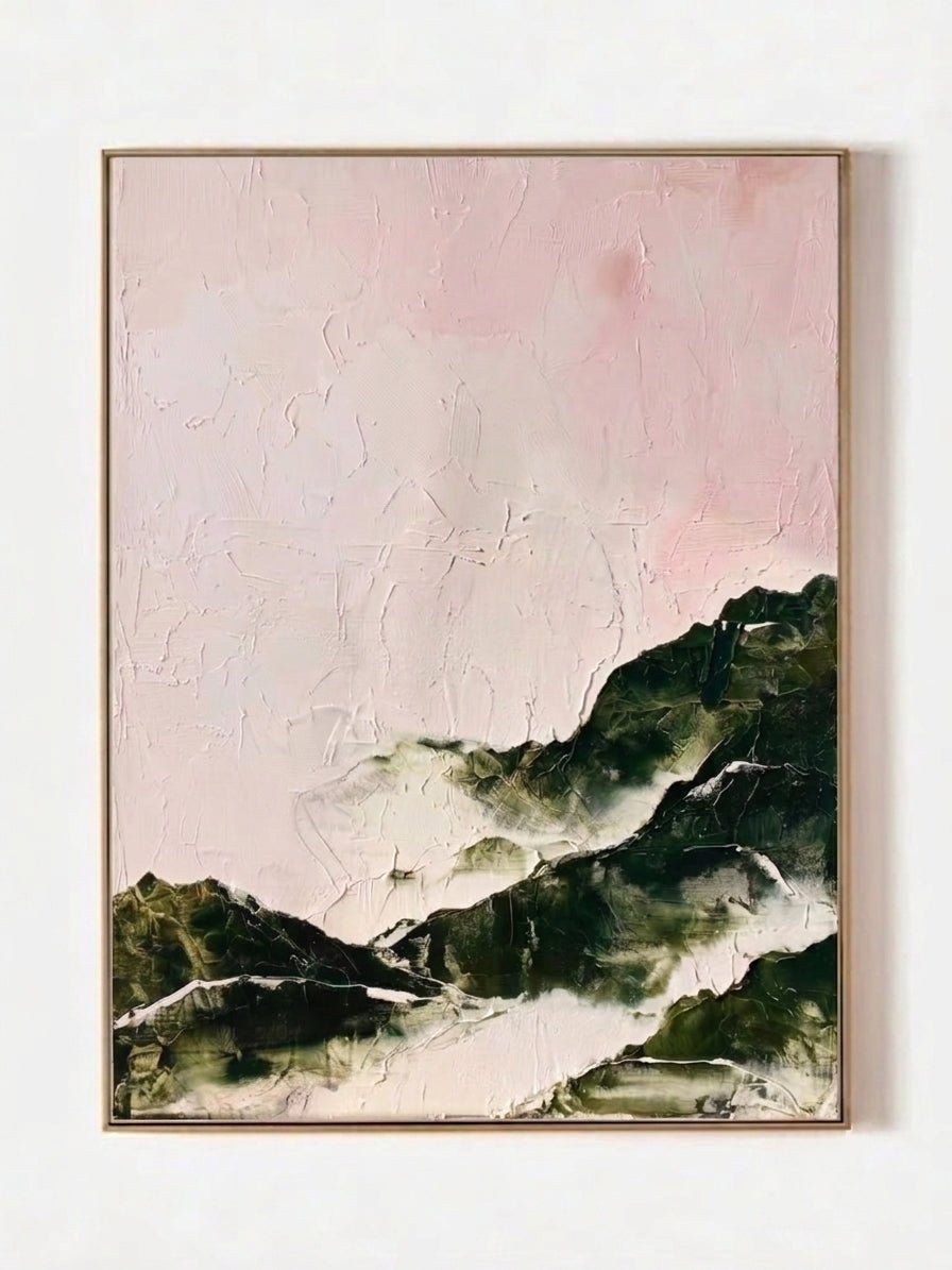 Large hand-painted modern abstract canvas painting with 3D heavy palette knife texture featuring a blush pink sky and forest green mountain range by Evelyn Li for bedroom wall decor.
