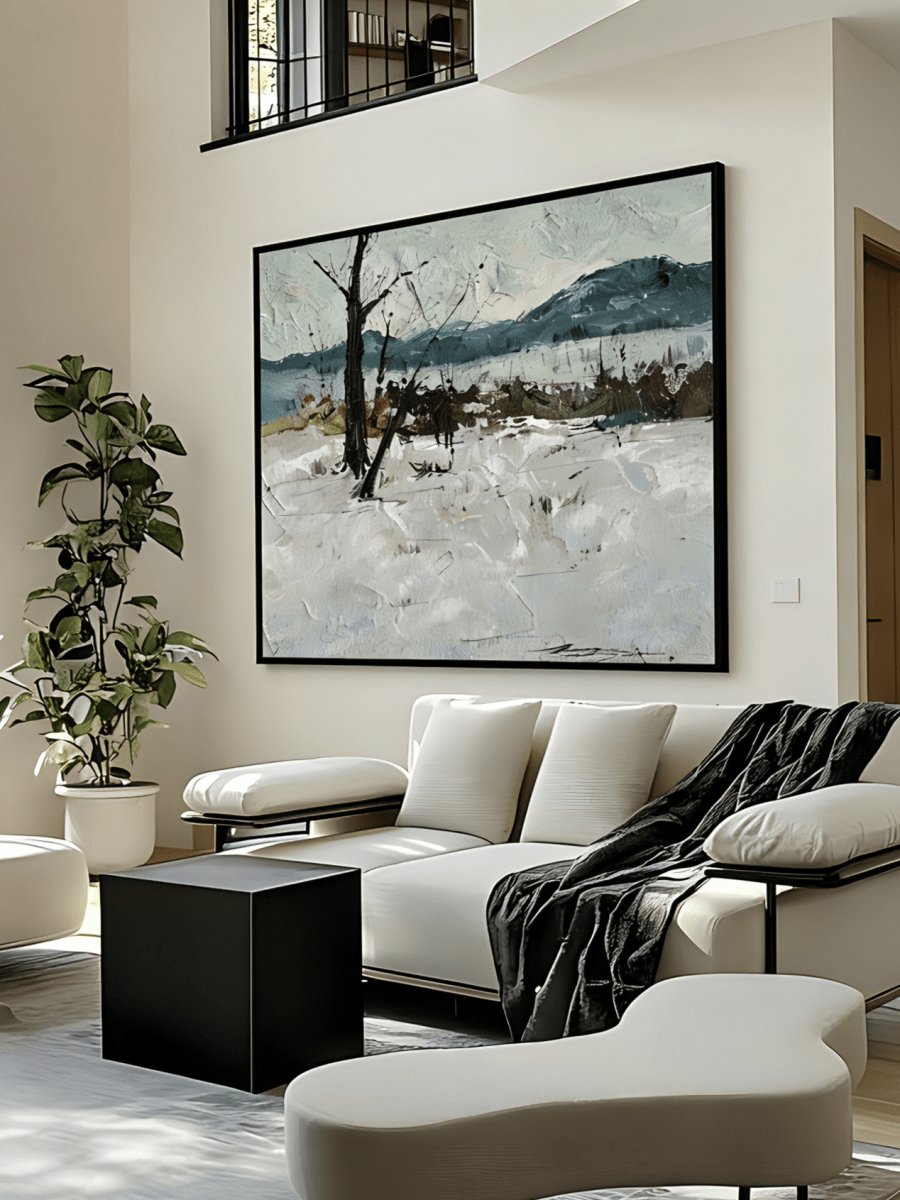 Hand-painted 3D relief oil painting featuring sculpted pebble-like textures on a divided black and beige earthy background.