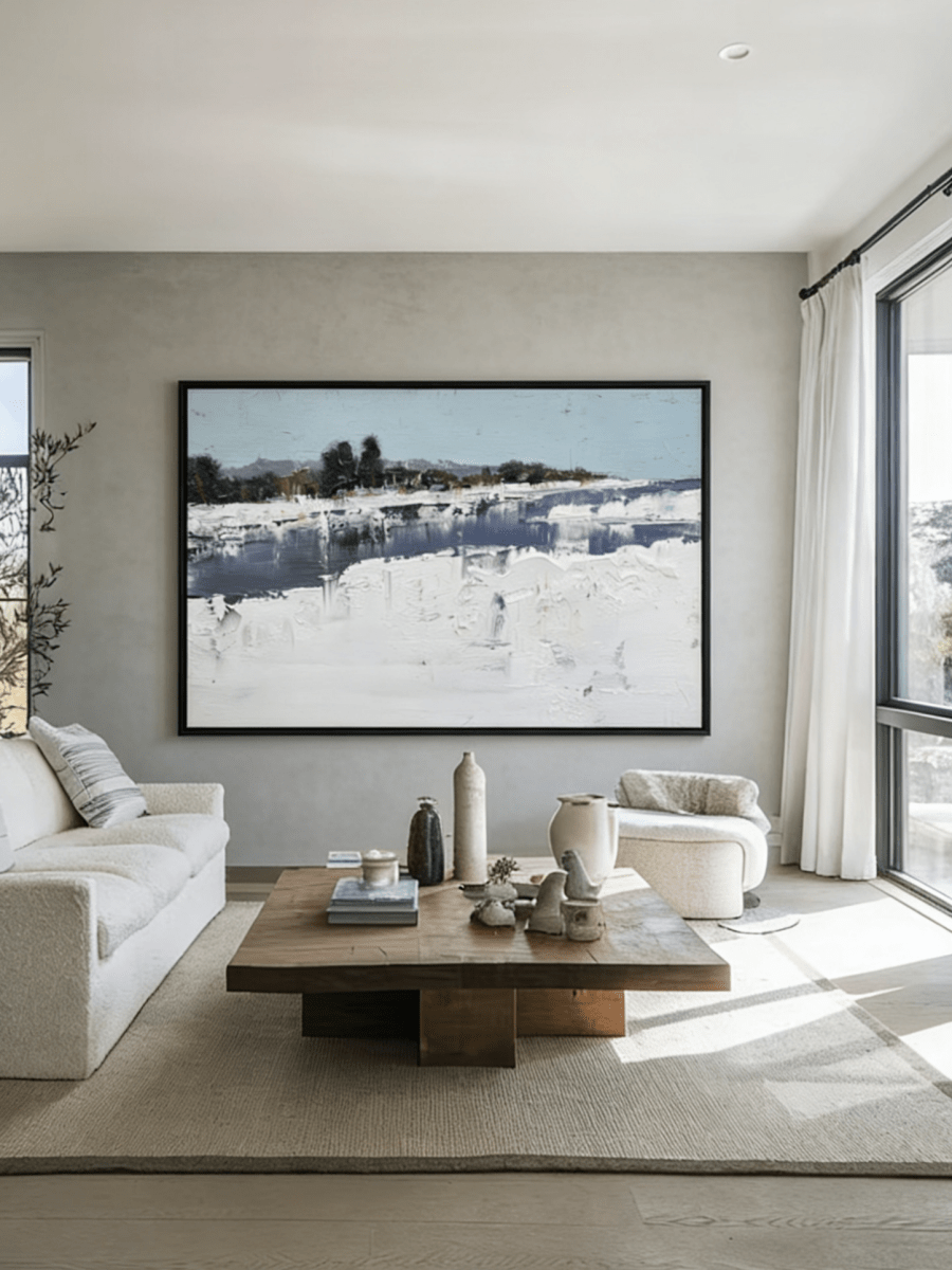 Large hand-painted modern oil painting by Evelyn Li featuring a frozen winter lake with heavy white snow texture and light blue sky.