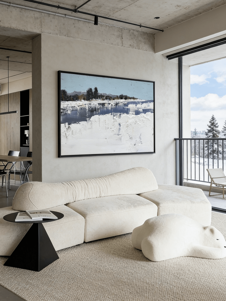 Large hand-painted modern oil painting by Evelyn Li featuring a frozen winter lake with heavy white snow texture and light blue sky.