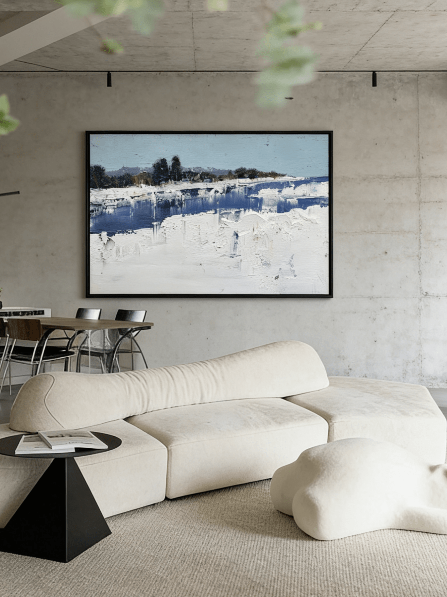 Large hand-painted modern oil painting by Evelyn Li featuring a frozen winter lake with heavy white snow texture and light blue sky.