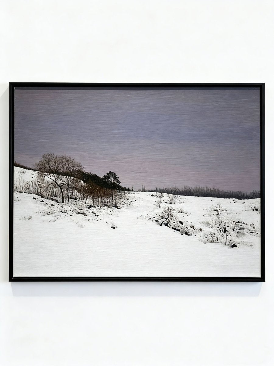 hand-painted oil painting featuring a wide snow-covered field under a soft lavender twilight sky with sparse trees.