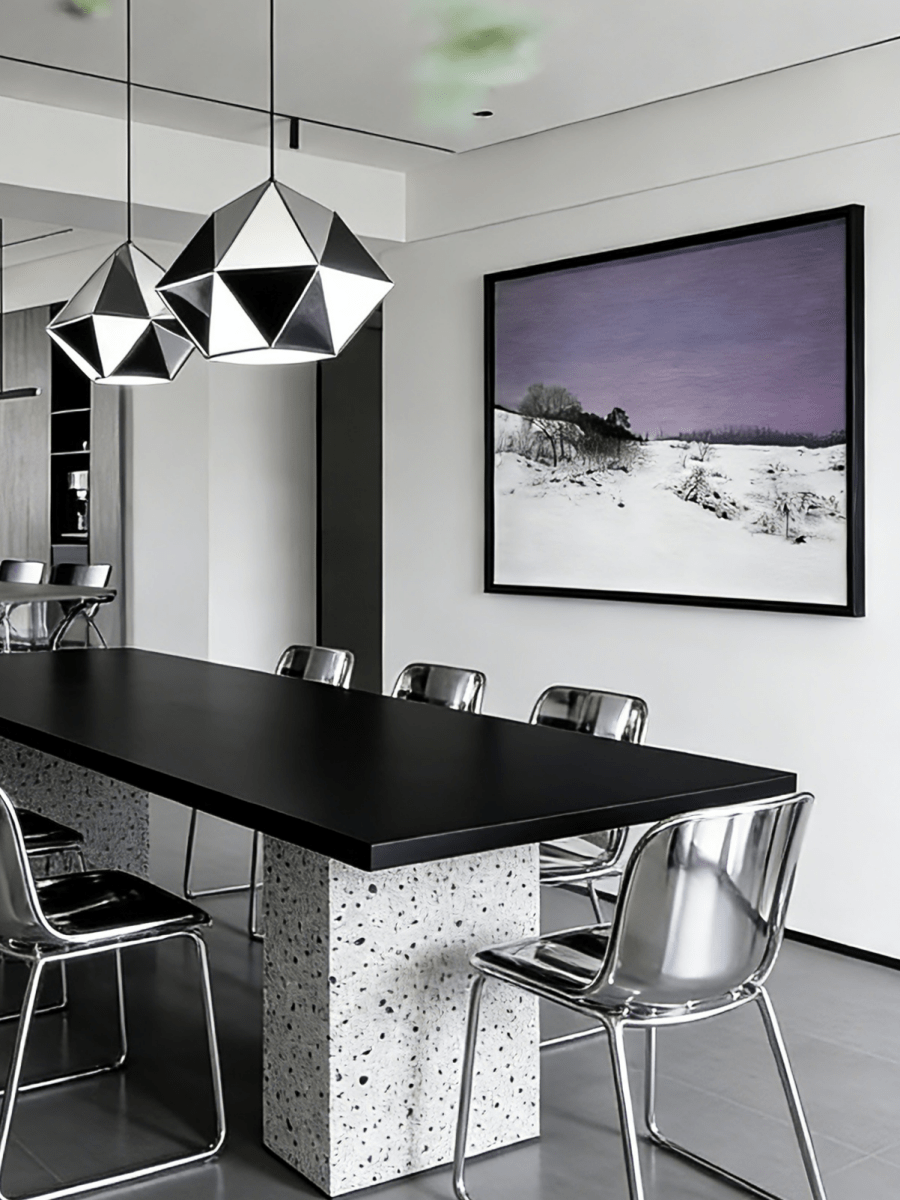 hand-painted oil painting featuring a wide snow-covered field under a soft lavender twilight sky with sparse trees.