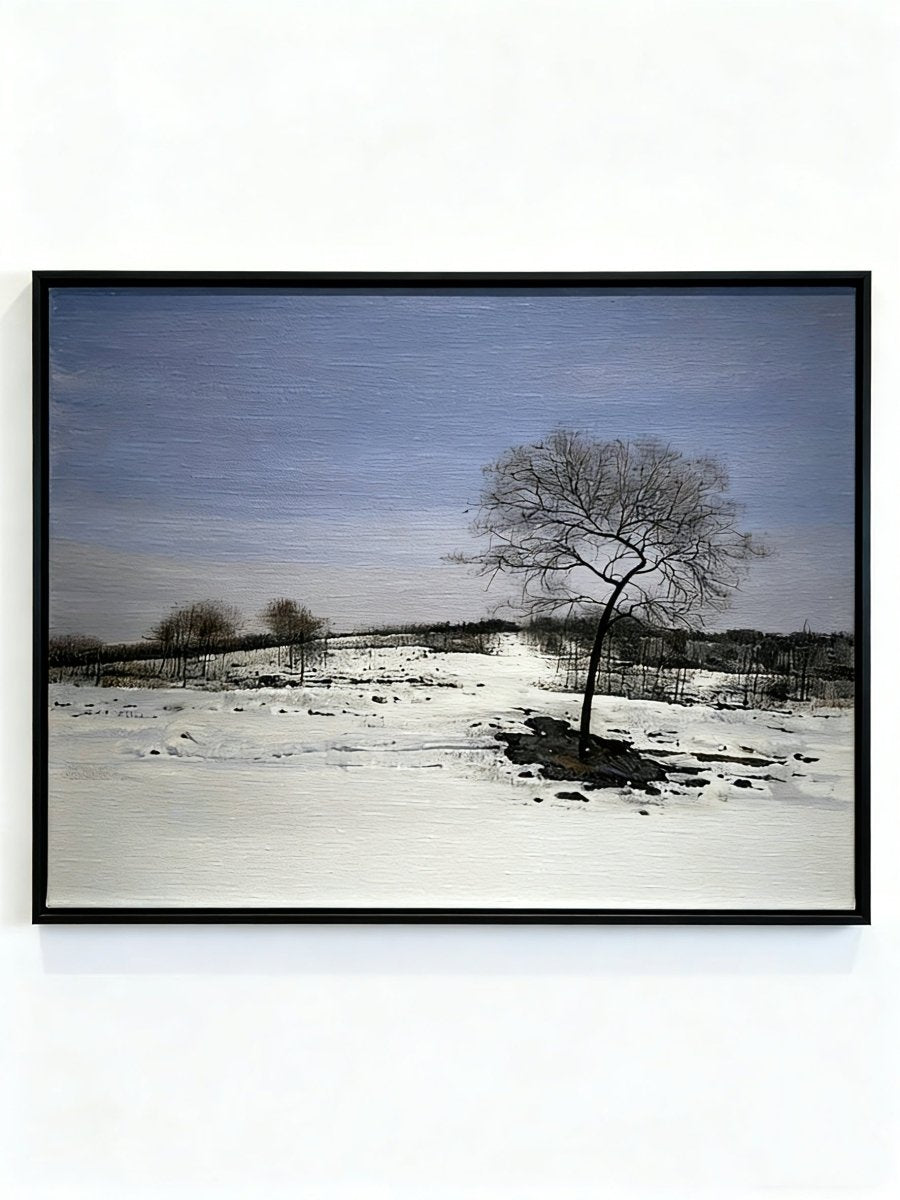 Large horizontal hand-painted minimalist oil painting of a single dark tree in a vast white snowfield under a soft blue sky.