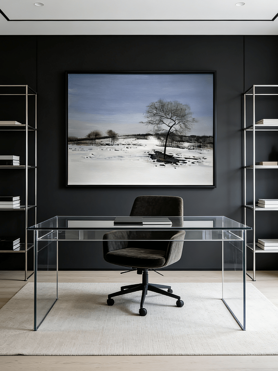 Large horizontal hand-painted minimalist oil painting of a single dark tree in a vast white snowfield under a soft blue sky.