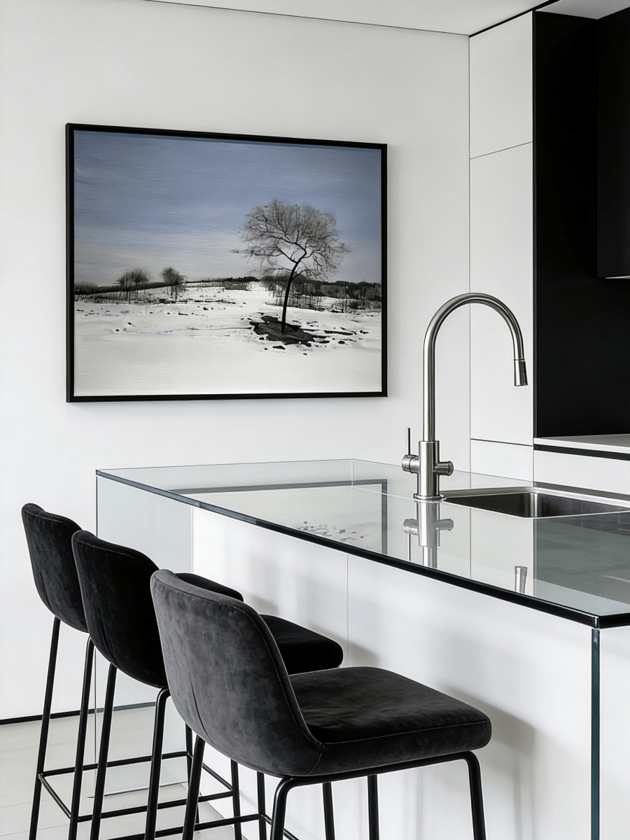 Large horizontal hand-painted minimalist oil painting of a single dark tree in a vast white snowfield under a soft blue sky.