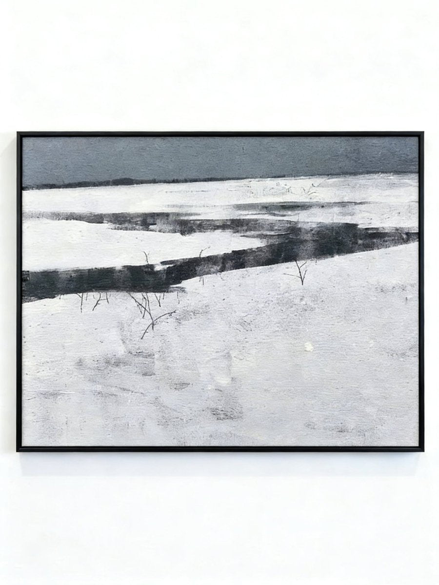 hand-painted abstract oil painting showing a dark winter river winding through a white snowfield in a minimalist style.