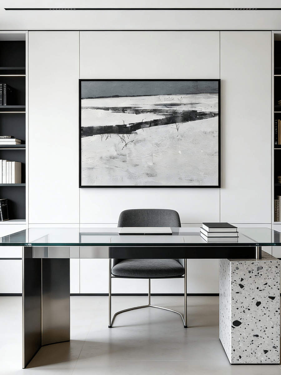 hand-painted abstract oil painting showing a dark winter river winding through a white snowfield in a minimalist style.