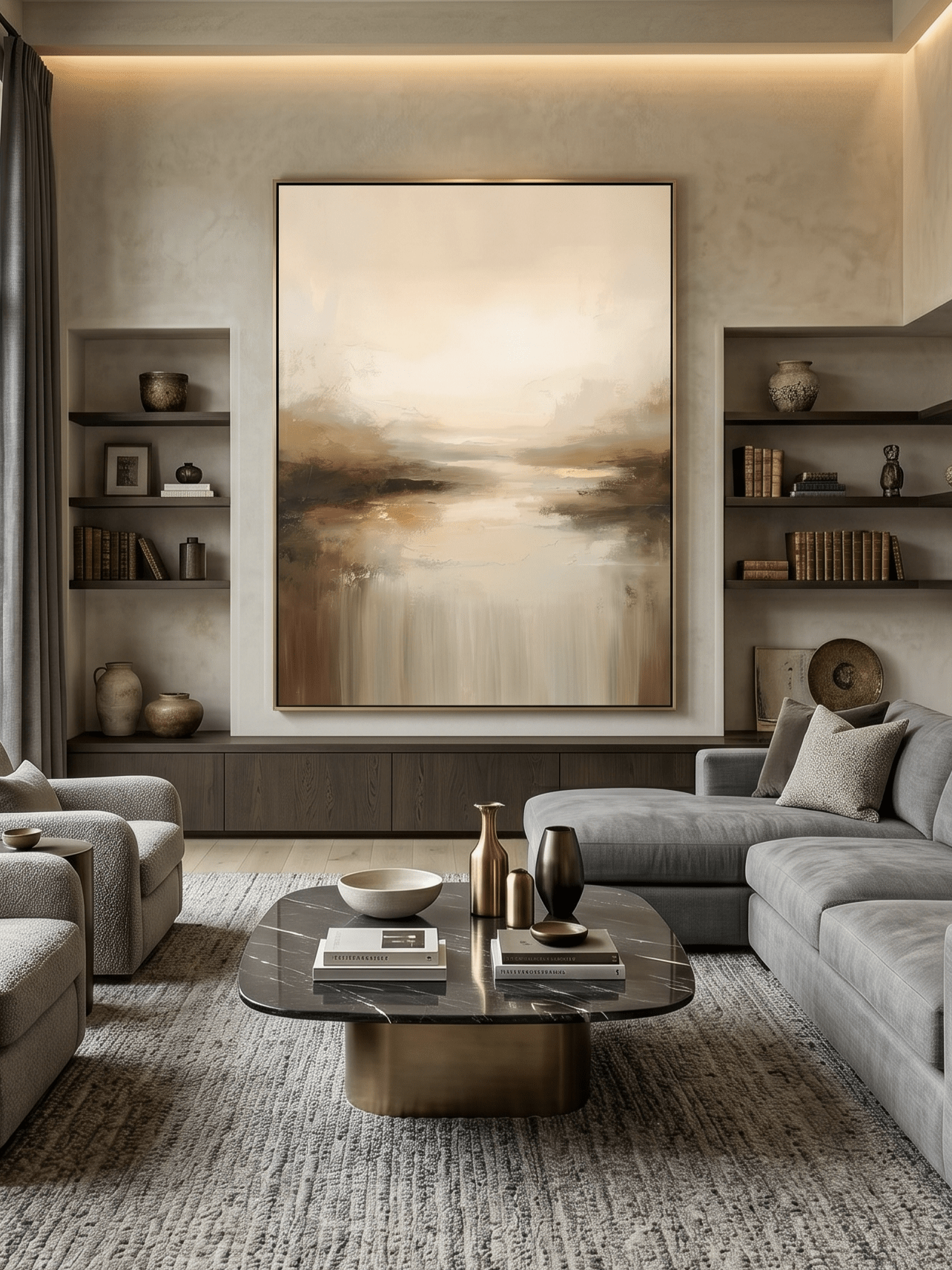 Hand-painted minimalist abstract landscape art in beige and brown tones by Evelyn Li, vertical 3D textured wall art for living room, organic modern home decor.