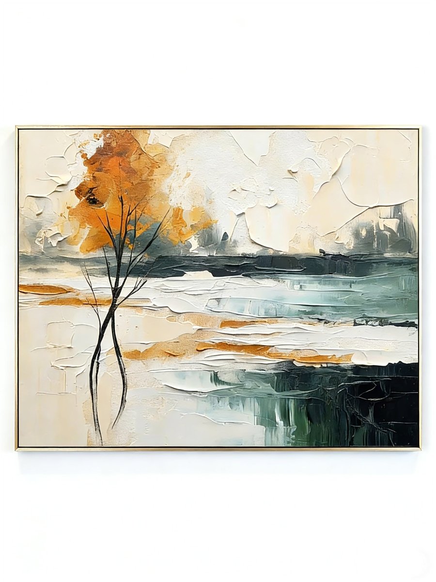 Large hand-painted 3D textured abstract landscape painting of a golden autumn tree with heavy impasto brushstrokes