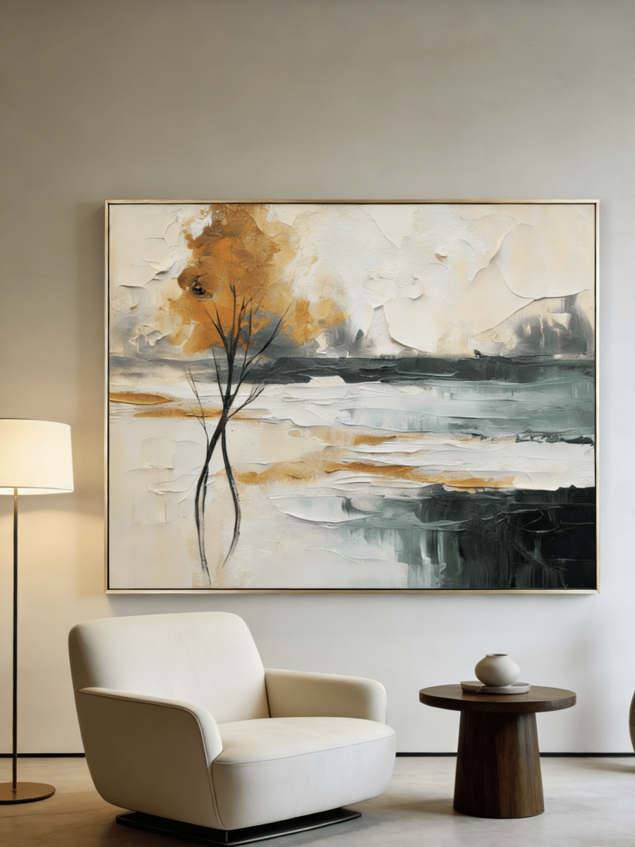 Large hand-painted 3D textured abstract landscape painting of a golden autumn tree with heavy impasto brushstrokes