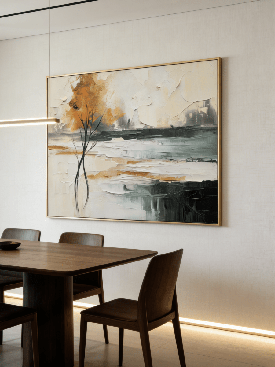 Large hand-painted 3D textured abstract landscape painting of a golden autumn tree with heavy impasto brushstrokes