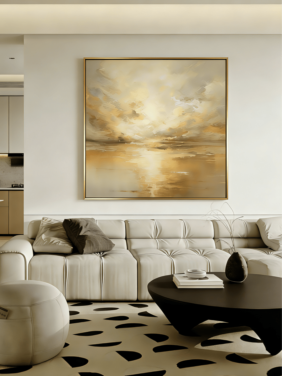 Large square hand-painted abstract seascape in gold and cream tones with shimmering water reflections by Evelyn Li in a high-end master bedroom.