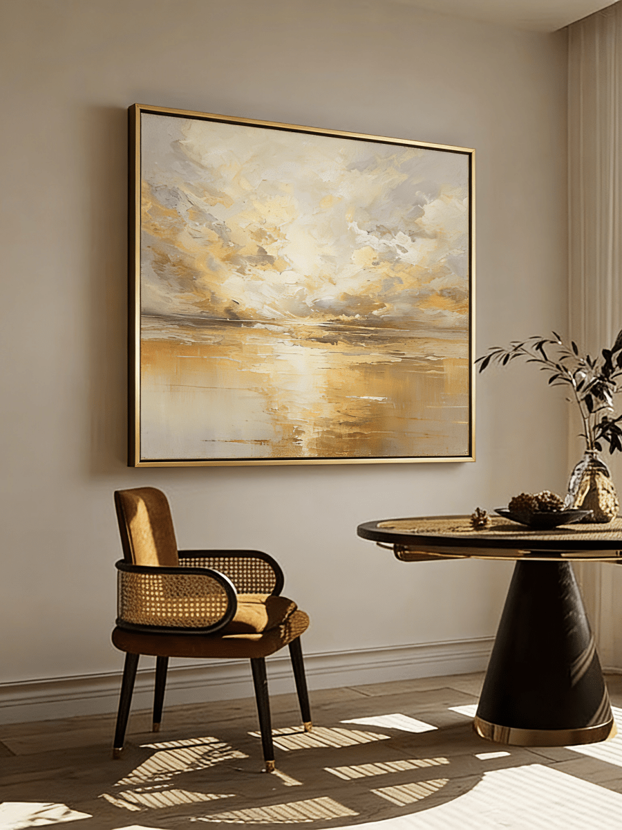 Large square hand-painted abstract seascape in gold and cream tones with shimmering water reflections by Evelyn Li in a high-end master bedroom.