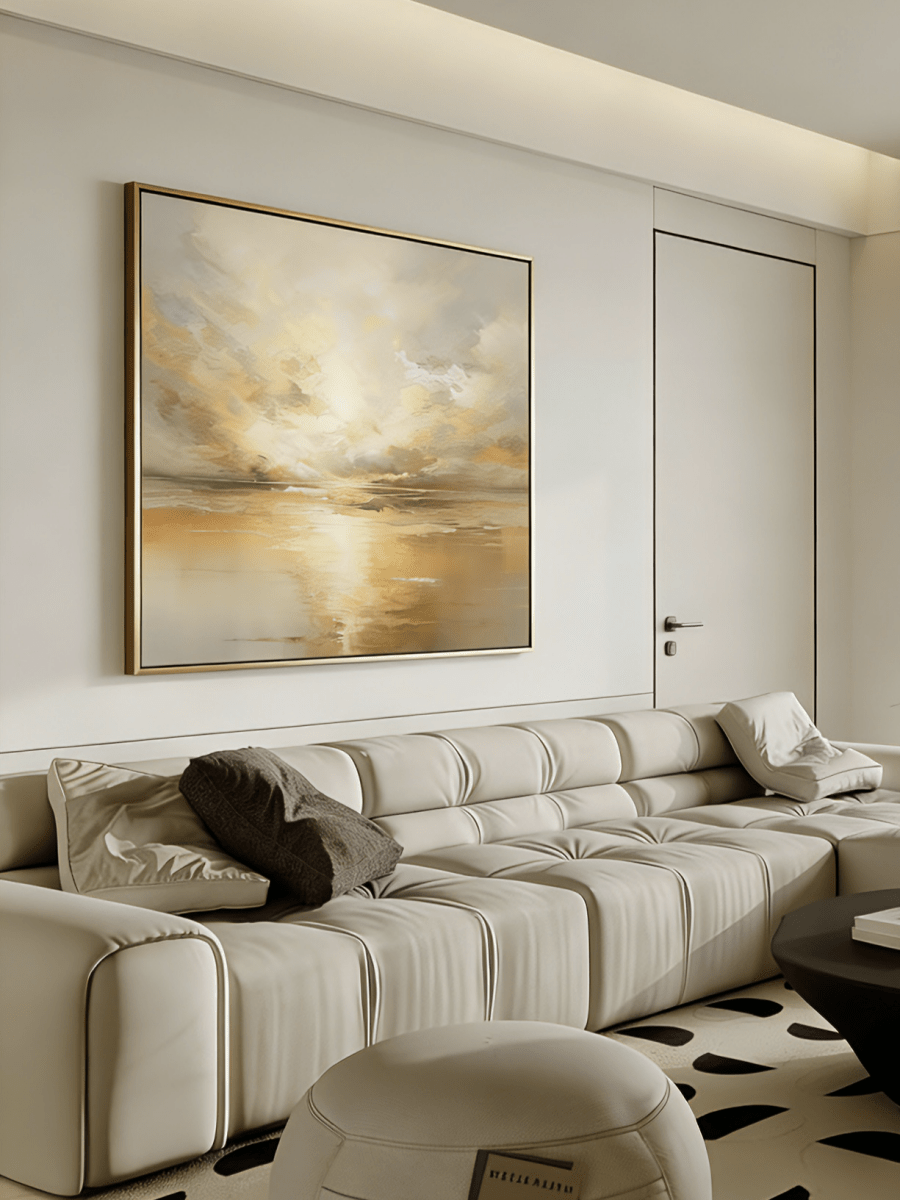 Large square hand-painted abstract seascape in gold and cream tones with shimmering water reflections by Evelyn Li in a high-end master bedroom.