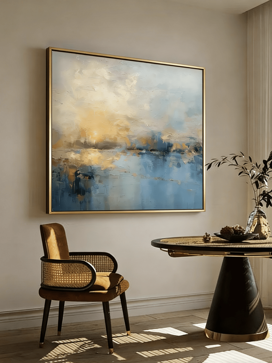 Large square hand-painted impressionist painting of a golden sun reflecting on a blue sea with heavy impasto texture by Evelyn Li in a modern living room.