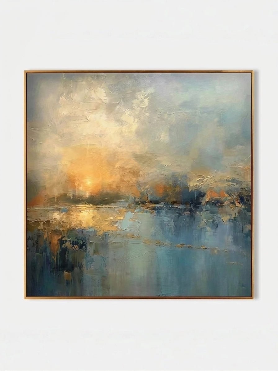 Large square hand-painted impressionist painting of a golden sun reflecting on a blue sea with heavy impasto texture by Evelyn Li in a modern living room.