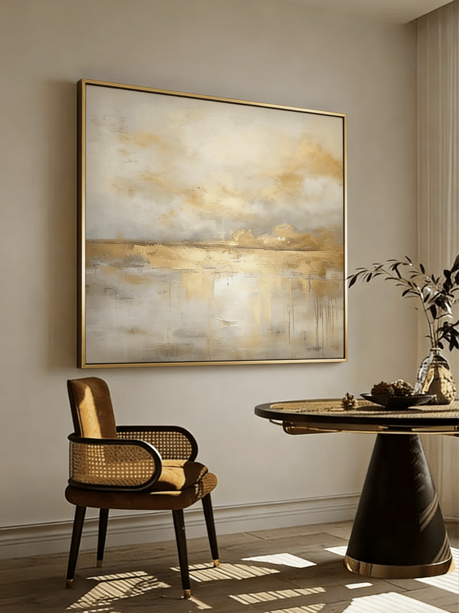 Large square hand-painted gold and white abstract painting with metallic drip texture by Evelyn Li in a luxury living room setting.
