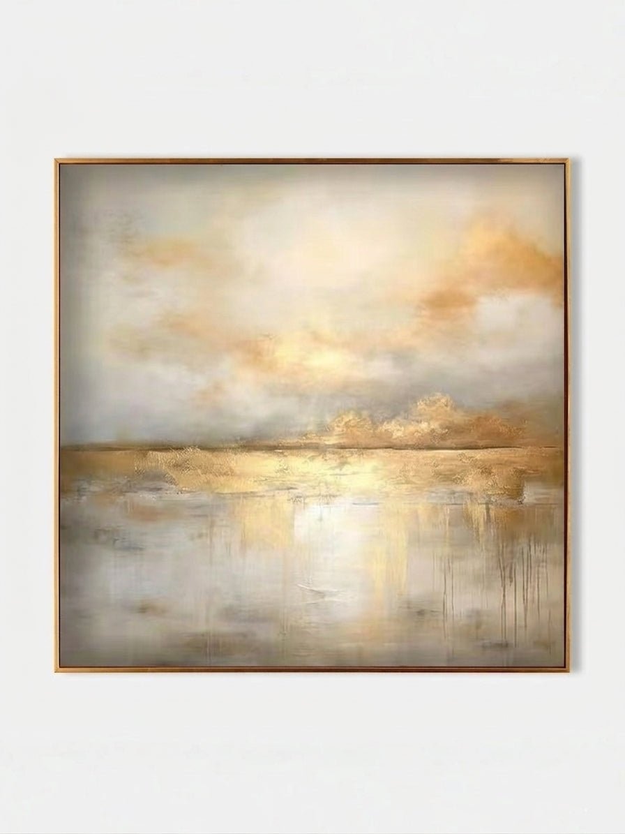 Large square hand-painted gold and white abstract painting with metallic drip texture by Evelyn Li in a luxury living room setting.