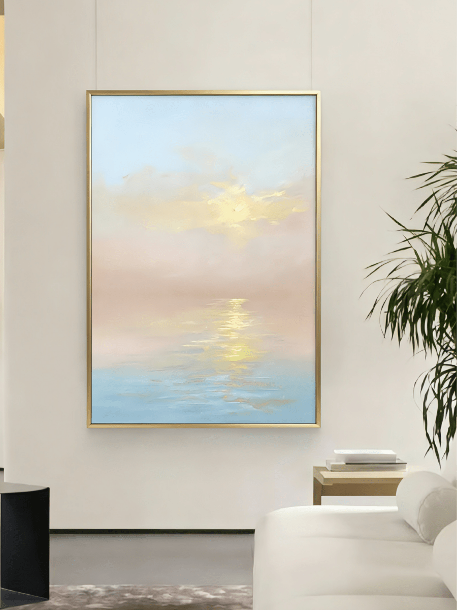 Large vertical hand-painted impressionist sunset seascape in pastel pink and blue with golden light reflections by Evelyn Li in a minimalist bedroom.