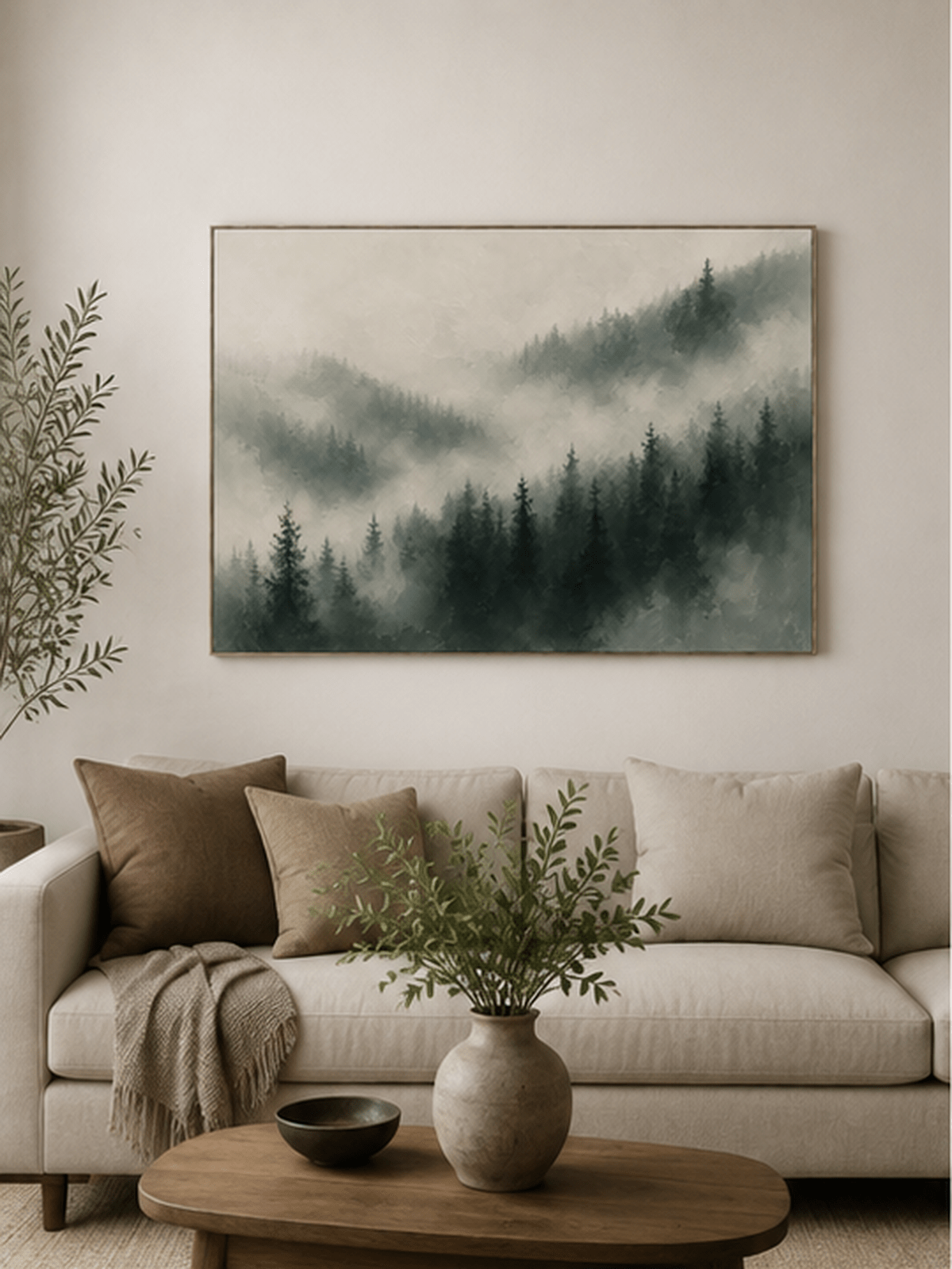Misty pine forest painting displayed above a neutral sofa in an organic modern living room