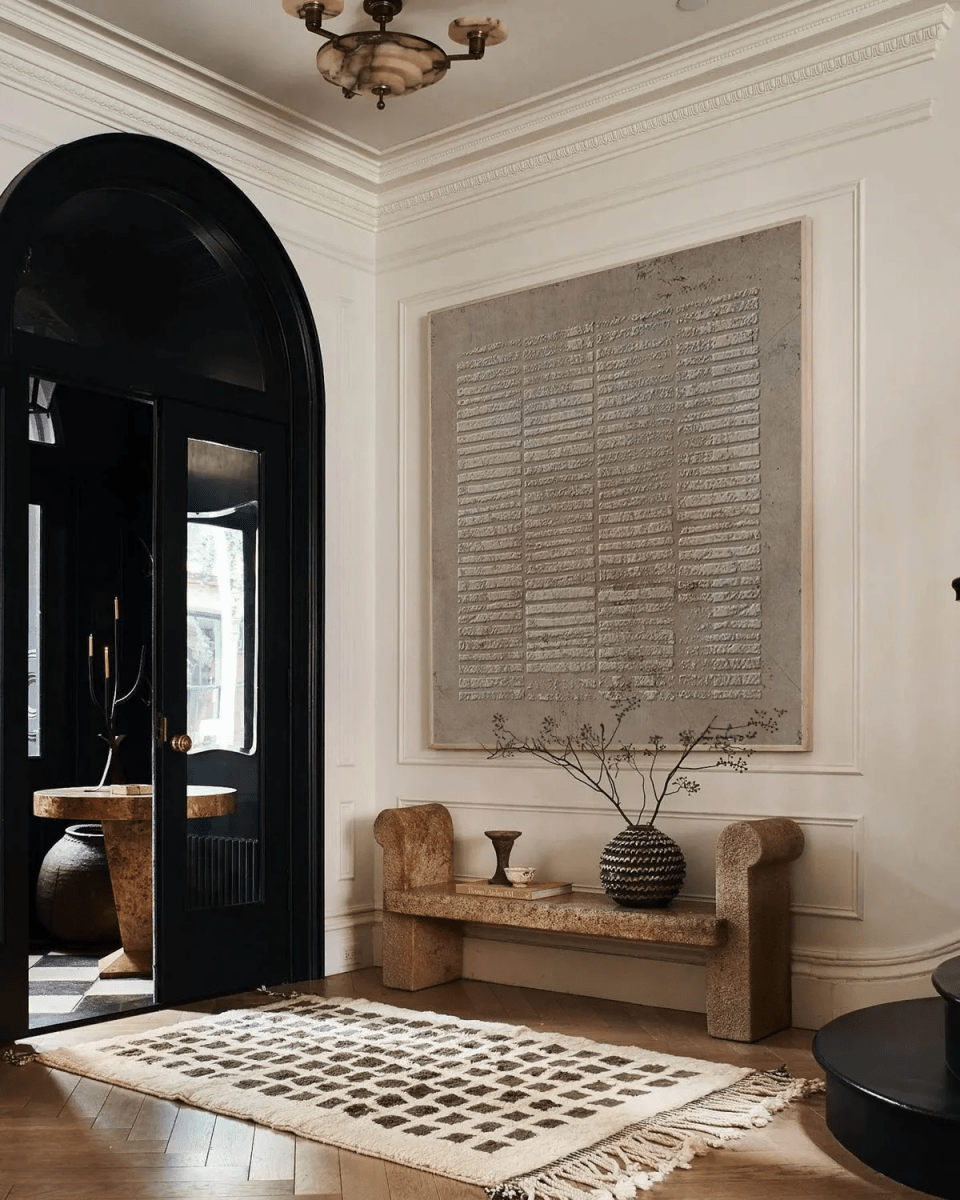 Large square hand-painted minimalist abstract painting with heavy 3D horizontal linear texture in taupe and stone grey by Eliot Vermeer.