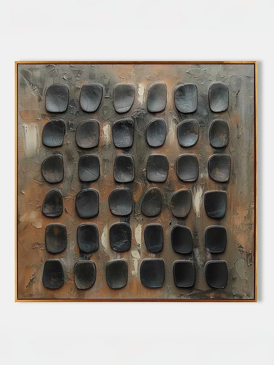 industrial relief painting– textured grid abstraction in oxidized brown and charcoal tones, modern industrial wall art