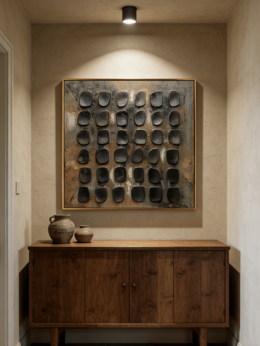 industrial relief painting– textured grid abstraction in oxidized brown and charcoal tones, modern industrial wall art