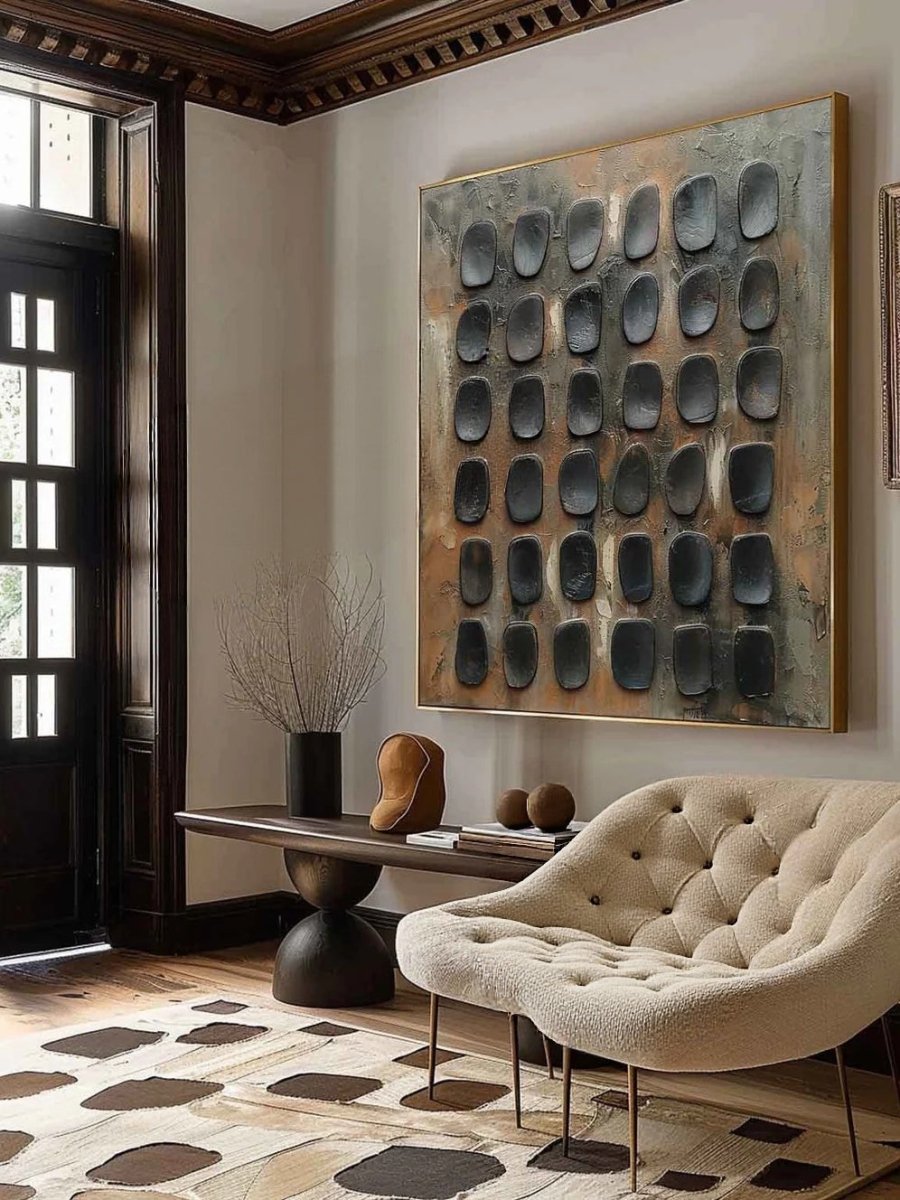 industrial relief painting– textured grid abstraction in oxidized brown and charcoal tones, modern industrial wall art