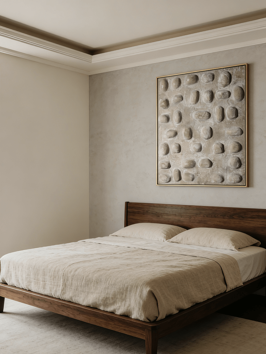 Close-up of hand-painted 3D relief wall art, featuring raised oval stone-like textures in warm beige plaster on a large canvas for a minimalist bedroom.