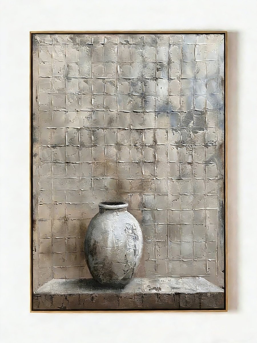 Hand-painted 3D textured relief oil painting featuring an antique white vessel against a gray grid stone wall on large canvas.