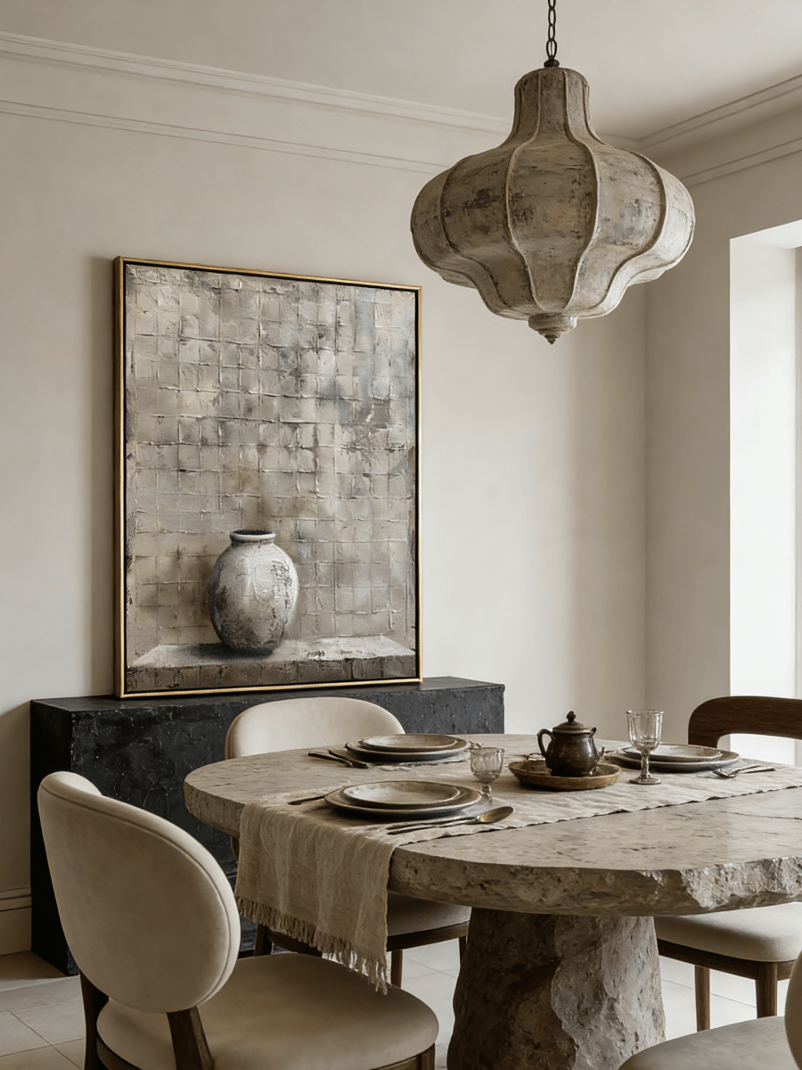 Hand-painted 3D textured relief oil painting featuring an antique white vessel against a gray grid stone wall on large canvas.