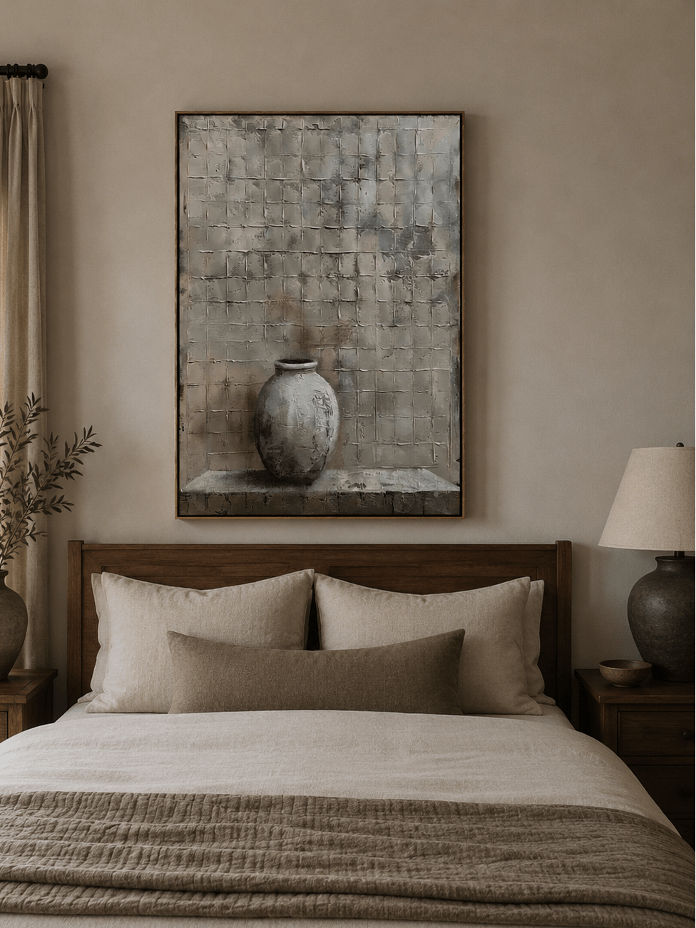 Textured ceramic vase wall art displayed above a bed in a warm Japandi bedroom