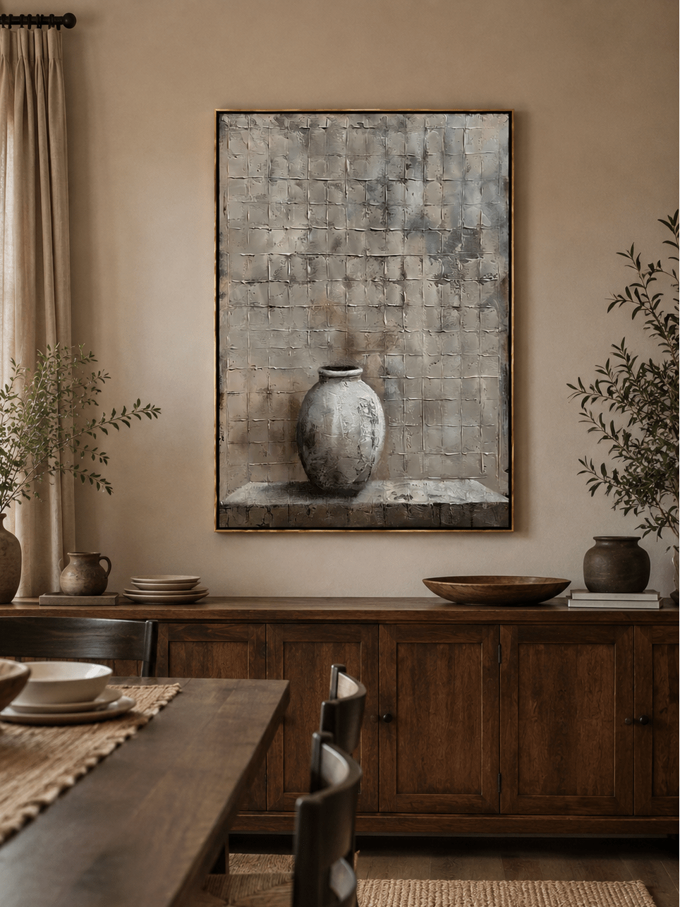 Neutral pottery still life painting displayed in an organic modern open-plan dining room