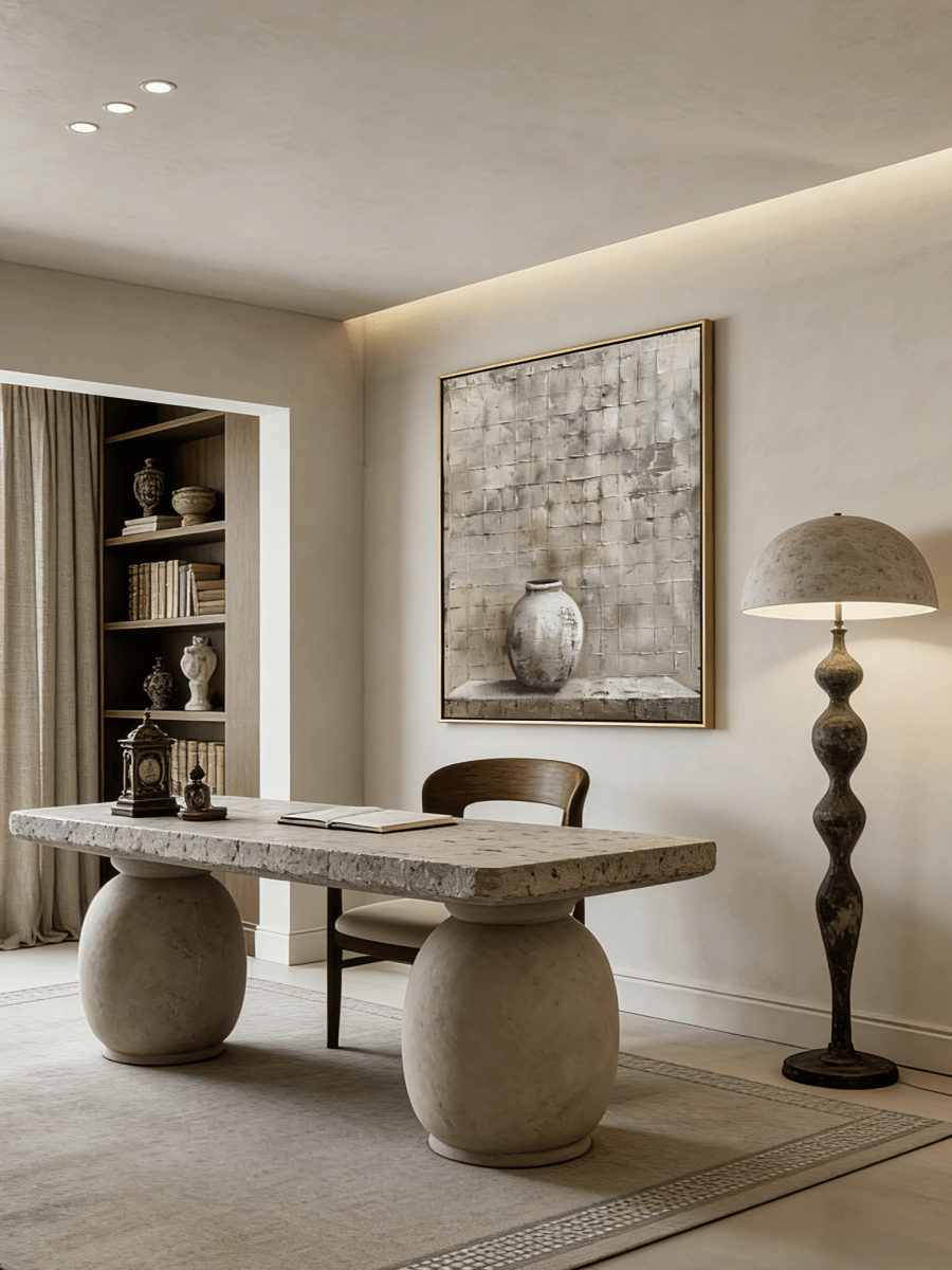 Hand-painted 3D textured relief oil painting featuring an antique white vessel against a gray grid stone wall on large canvas.