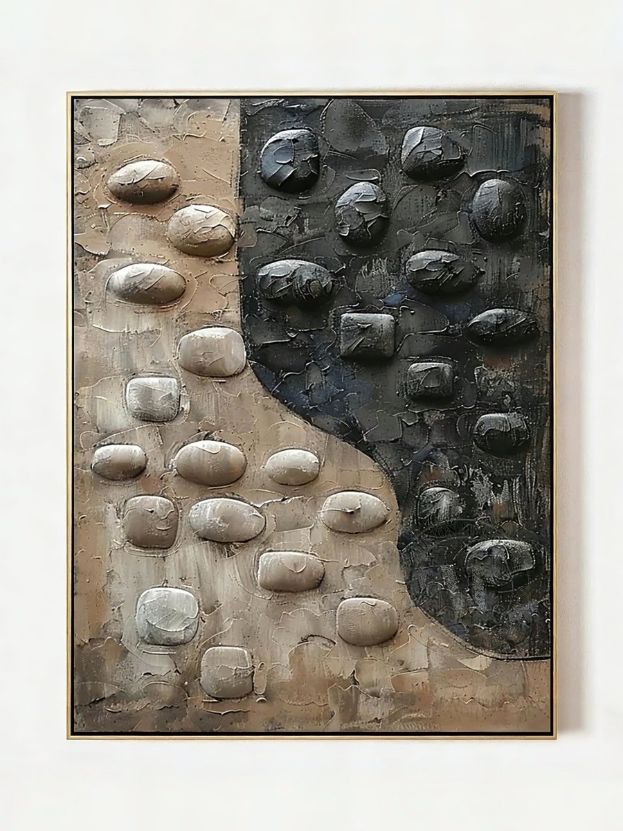 Hand-painted 3D relief oil painting by featuring raised black and beige stone textures on a large vertical canvas for modern home decor.