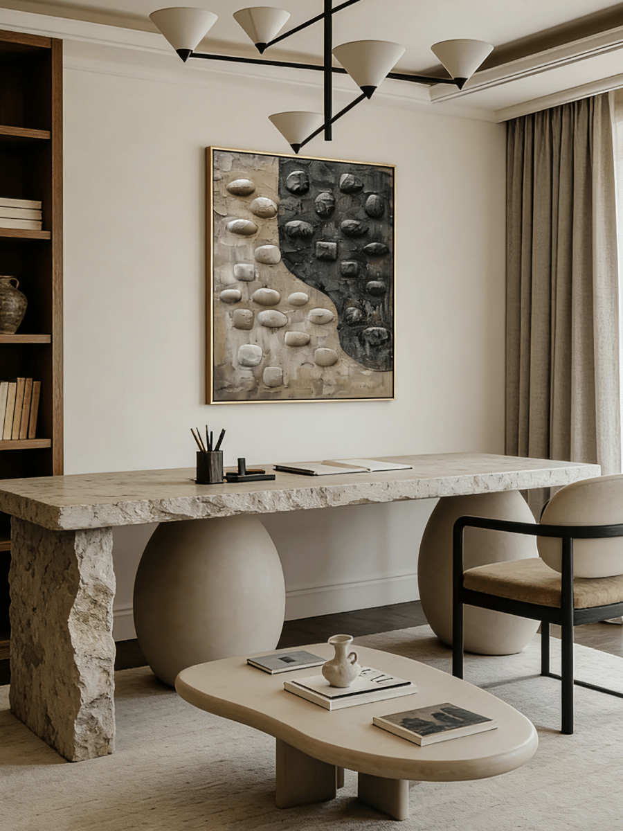 Hand-painted 3D relief oil painting by featuring raised black and beige stone textures on a large vertical canvas for modern home decor.