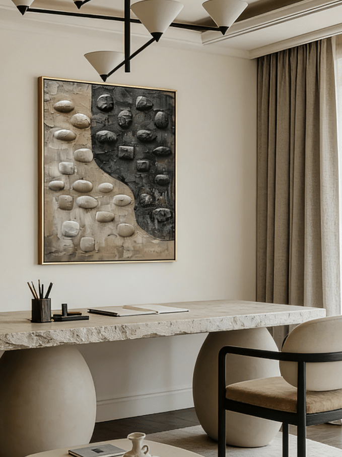 Hand-painted 3D relief oil painting by featuring raised black and beige stone textures on a large vertical canvas for modern home decor.