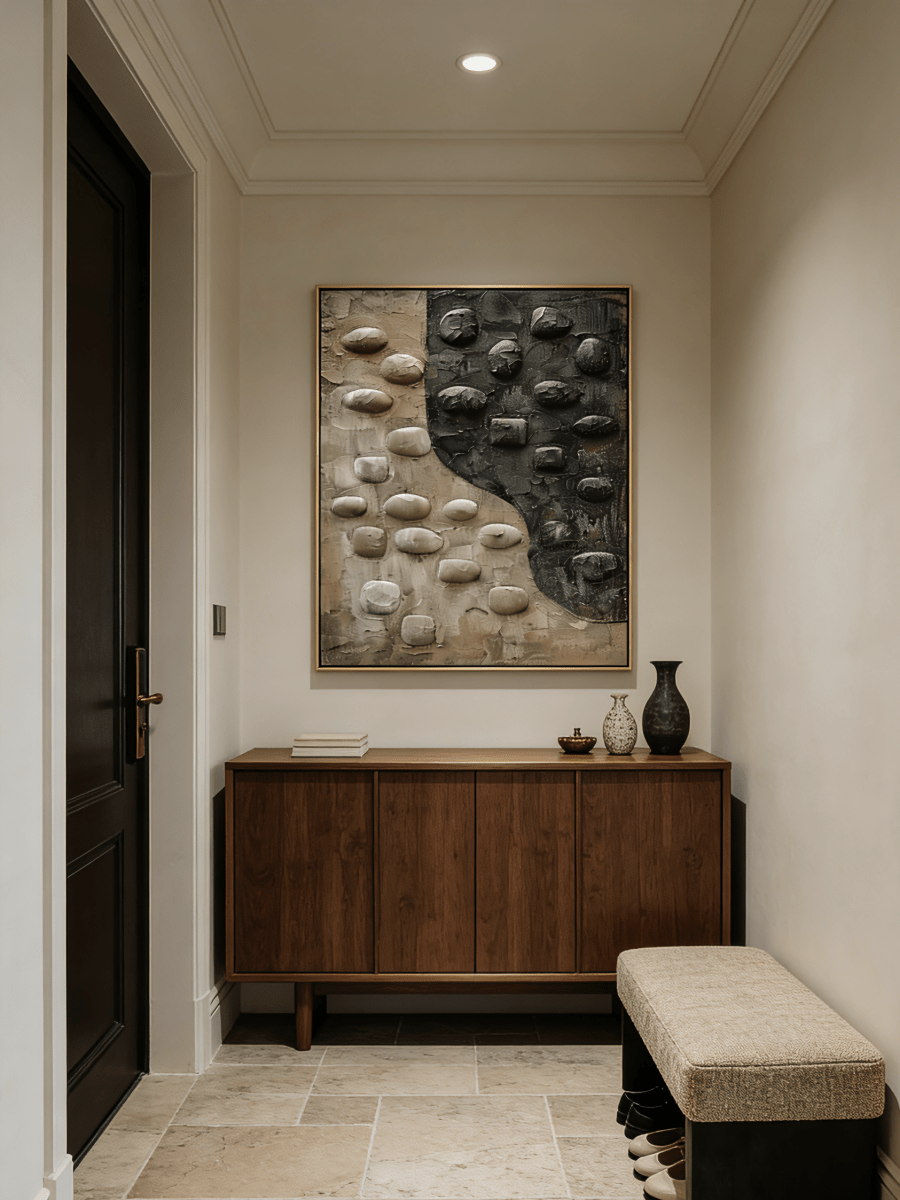 Hand-painted 3D relief oil painting by featuring raised black and beige stone textures on a large vertical canvas for modern home decor.
