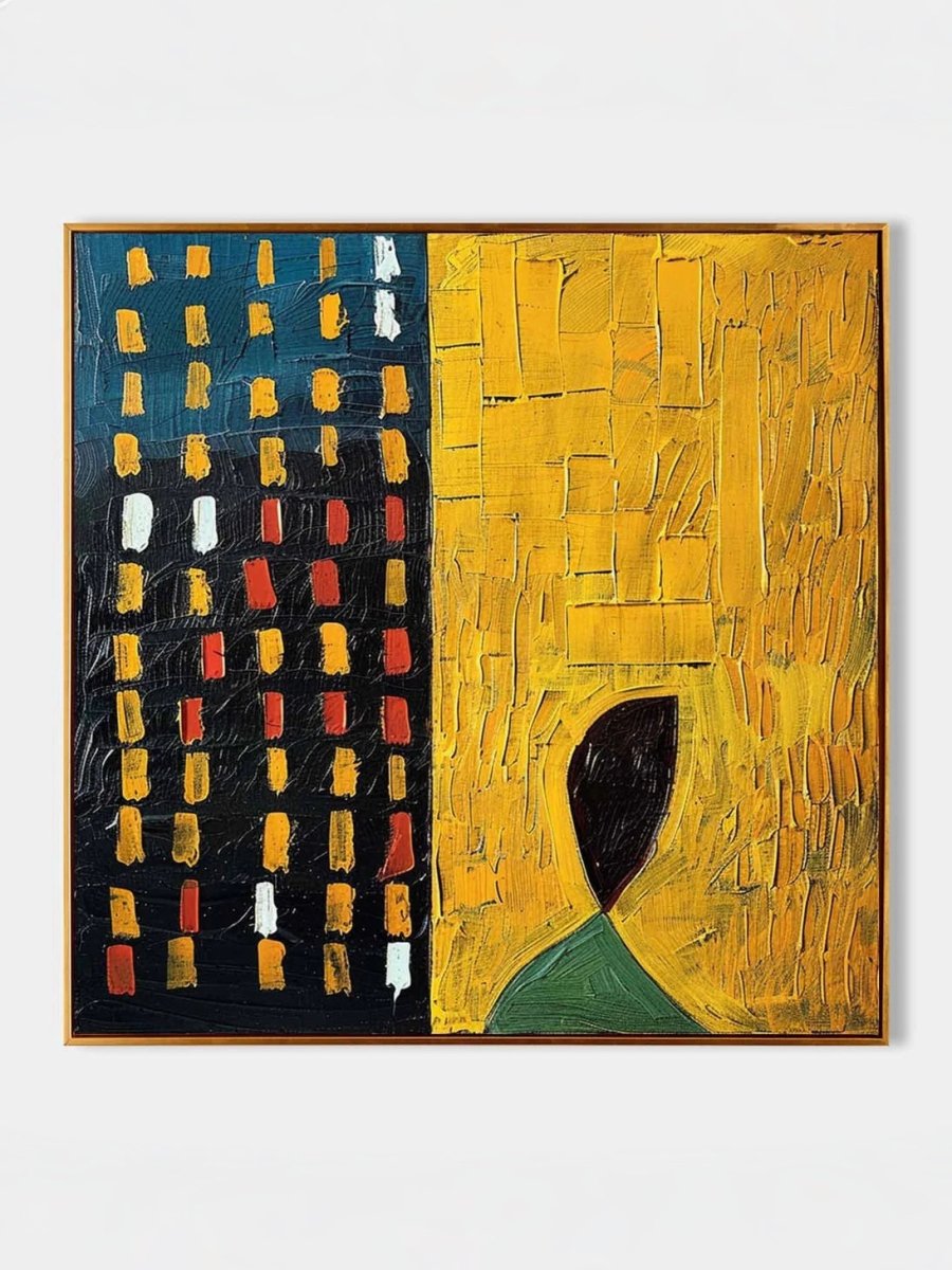 Large 3D textured abstract painting by Eliot Vermeer featuring mustard yellow and navy blue thick paint on canvas in a modern living room.