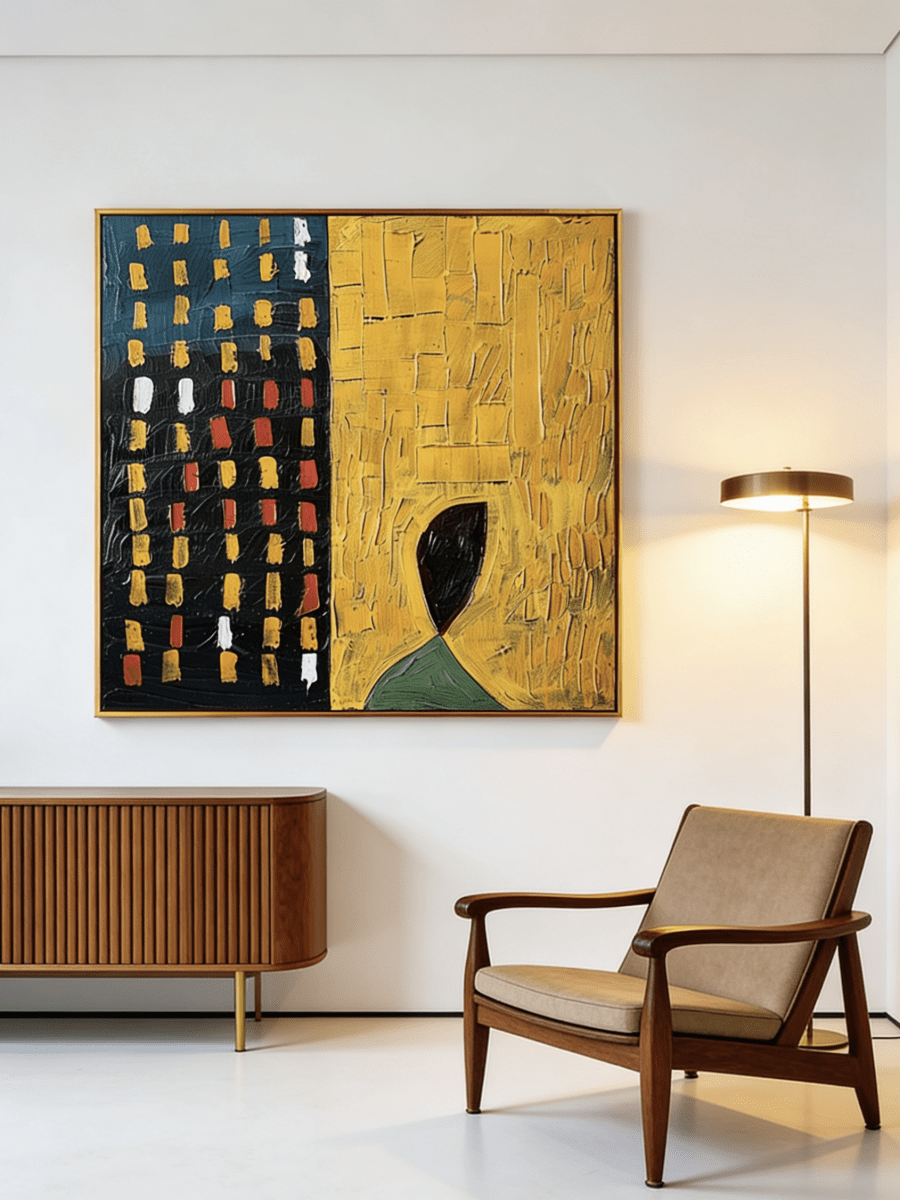Large 3D textured abstract painting by Eliot Vermeer featuring mustard yellow and navy blue thick paint on canvas in a modern living room.
