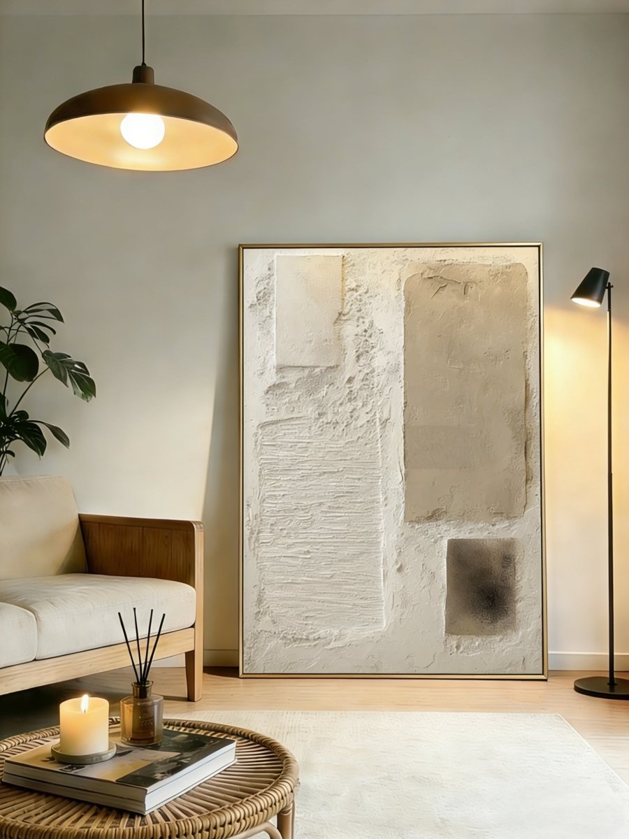 Close-up of heavy textured abstract oil painting in beige and cream by Leo Liang, minimalist wabi-sabi wall art for modern living room decor.