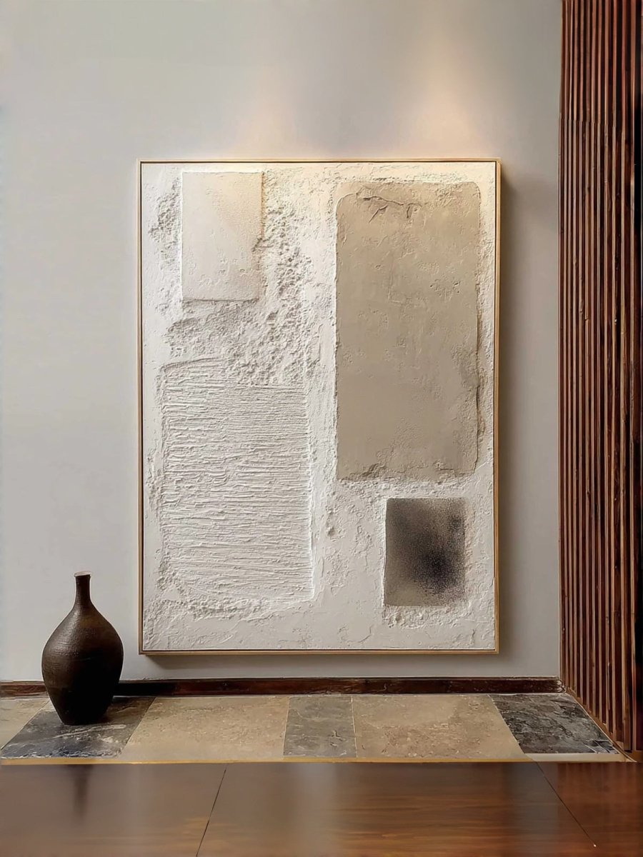 Close-up of heavy textured abstract oil painting in beige and cream by Leo Liang, minimalist wabi-sabi wall art for modern living room decor.