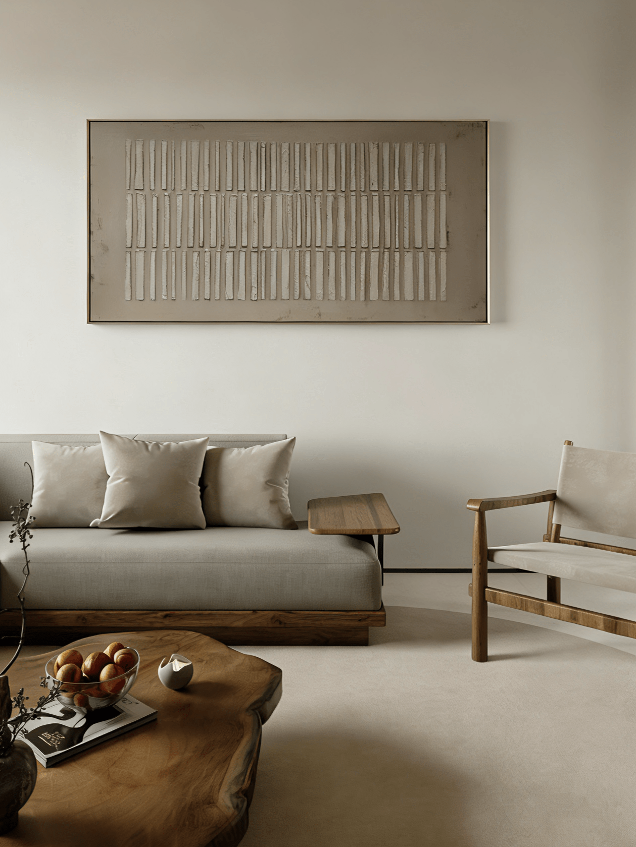 A large horizontal modern 3D relief painting by Eliot Vermeer featuring repeating vertical textured bars in white over a warm taupe background, hung above a minimalist sofa.