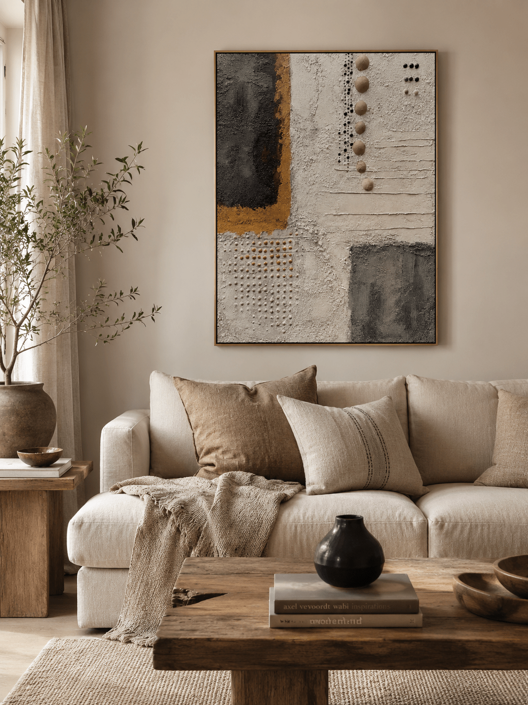 Modern textured abstract wall art with beige, charcoal, and ochre geometric composition