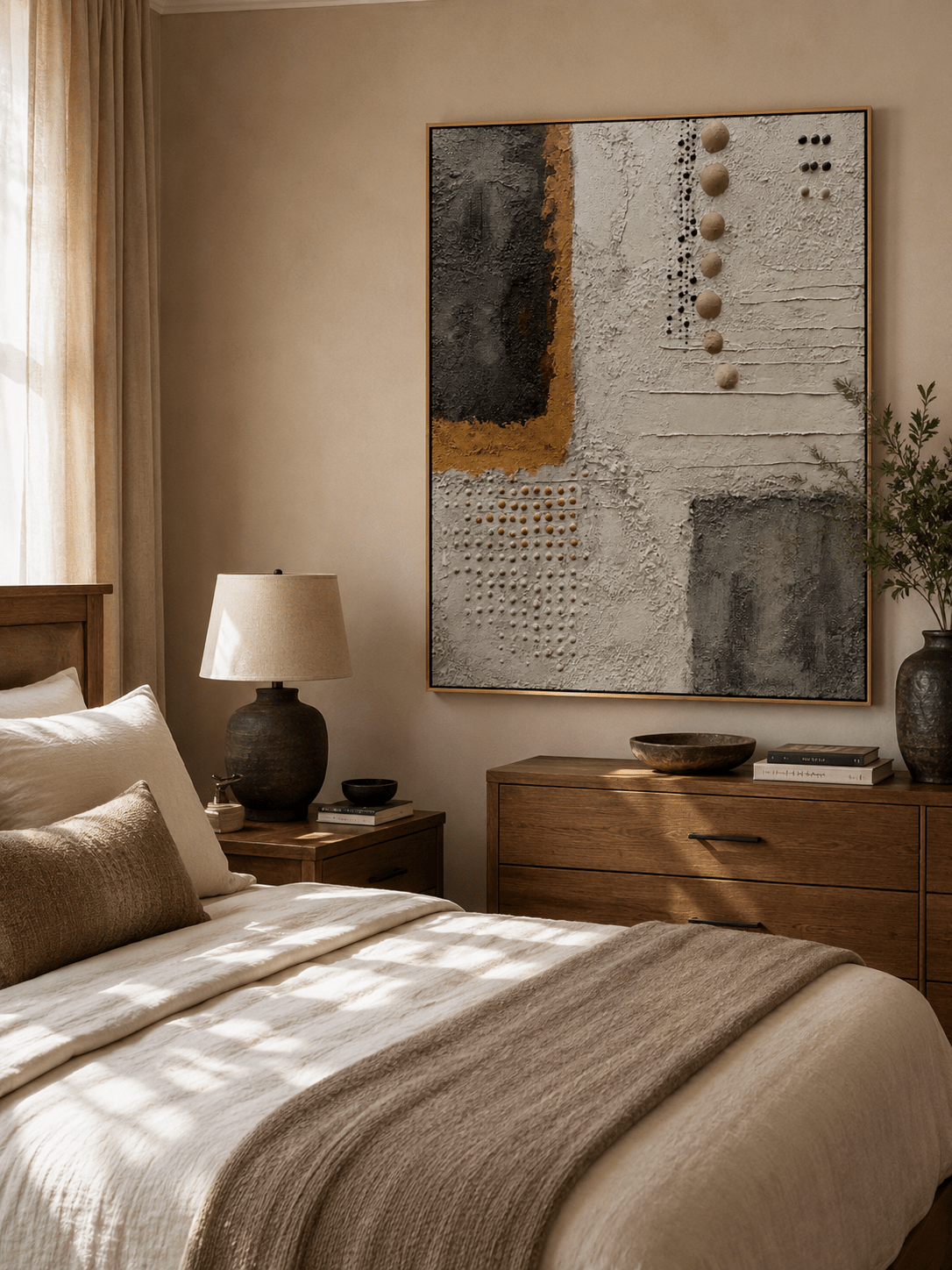 Hand painted 3D textured canvas painting with neutral earth tone geometric details