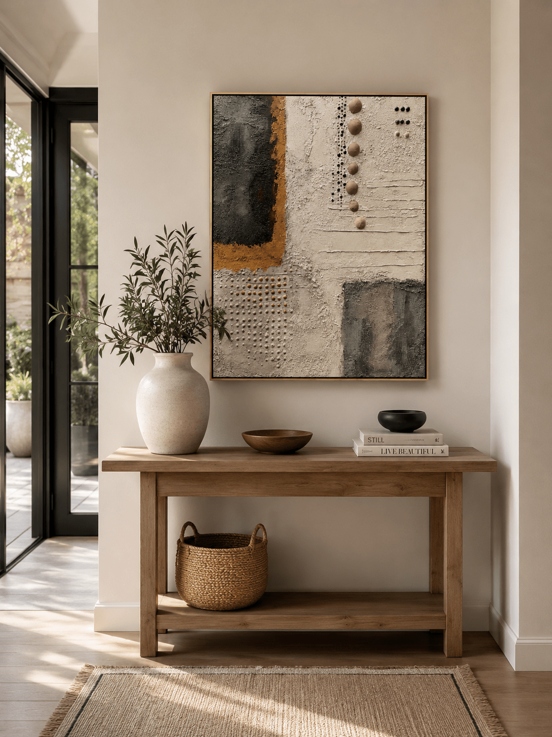 Wabi sabi abstract wall art with raised dots, plaster texture, and charcoal blocks
