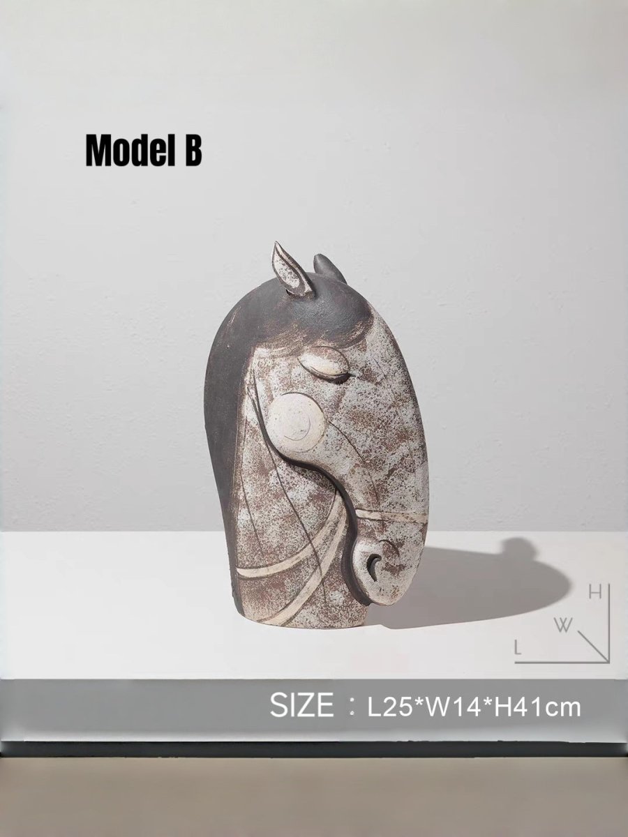 abstract ceramic horse head sculpture, hand-painted primitive animal figurine for modern rustic home decor.