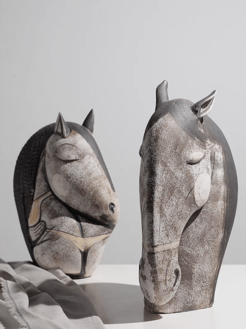 abstract ceramic horse head sculpture, hand-painted primitive animal figurine for modern rustic home decor.